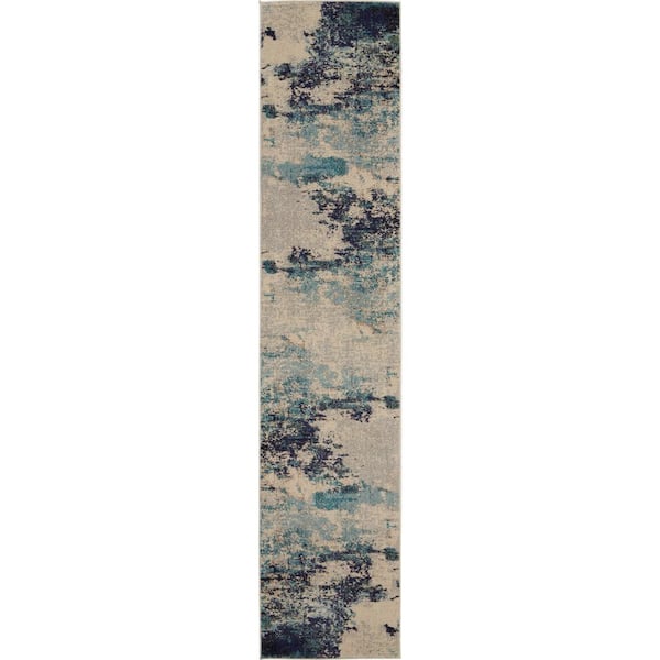 Nourison Celestial Ivory Teal Blue 2 Ft X 12 Ft Abstract Modern   Ivory Teal Blue Nourison Area Rugs 722690 64 600 