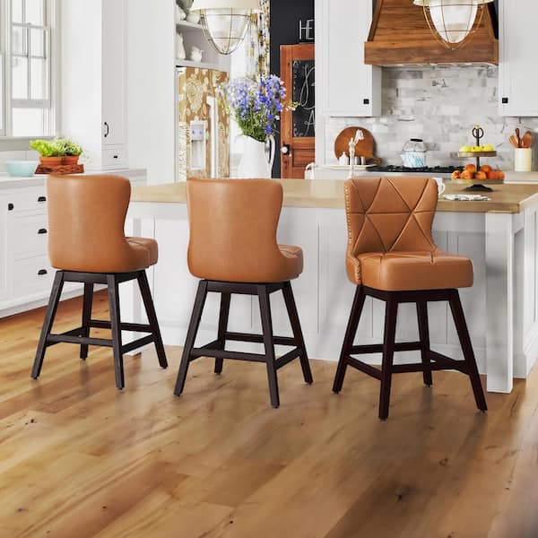 OrangeOne Hampton 26 in. Whiskey Brown Solid Wood Frame Counter Stool with Faux Leather Upholstered Swivel Bar Stool Set of 3