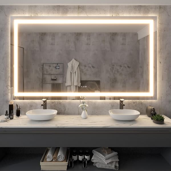 ONWITH 84 in. W x 48 in. H Rectangular Frameless LED Light Anti-Fog Wall Bathroom Vanity Mirror with Backlit and Front Light