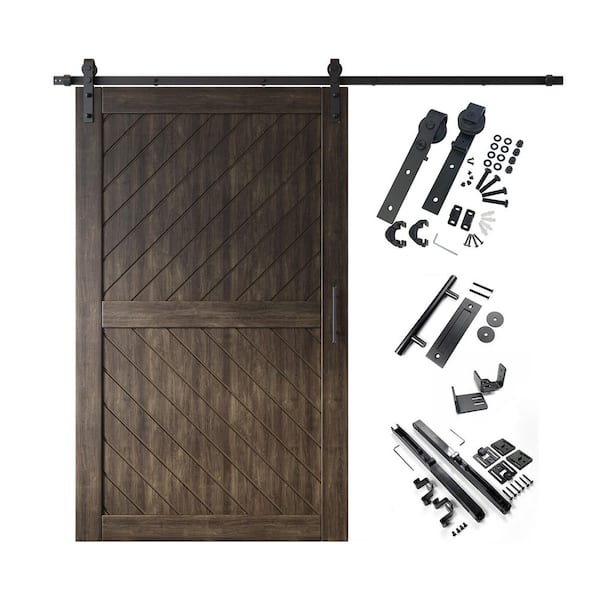HOMACER XT3 42 in. x 80 in. C-Panel Ebony Slanted Stripe Design Solid Pine Wood Sliding Barn Door with Hardware Kit