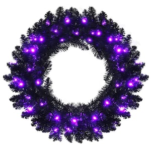 24 in. Black PreLit Artificial Christmas Wreath Halloween Wreath with 35 Purple LED Lights