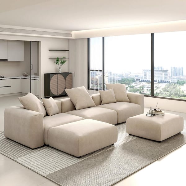 Magic Home 91 in. Square Arm Oversized 3-Piece L-shaped Corduroy Deep Seat Sectional Sofa Rearrangeable Couch with Ottomans, Beige