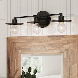 Pattinson 26 in. 3-Light Black Bathroom Vanity Light Fixture with Metal Frame and Plate Metal Shades