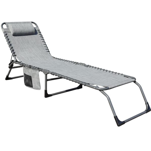 Wildaven Steel Adjustable Outdoor Folding Chaise Lounge Chair 3 Reclining Positions with Pillow and Pockets (1-Pack)