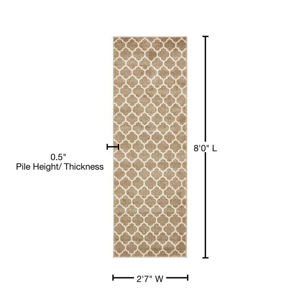 Elegant Trellis Light Brown 8ft Indoor Runner Rug - Easy Care & Stain-Resistant
