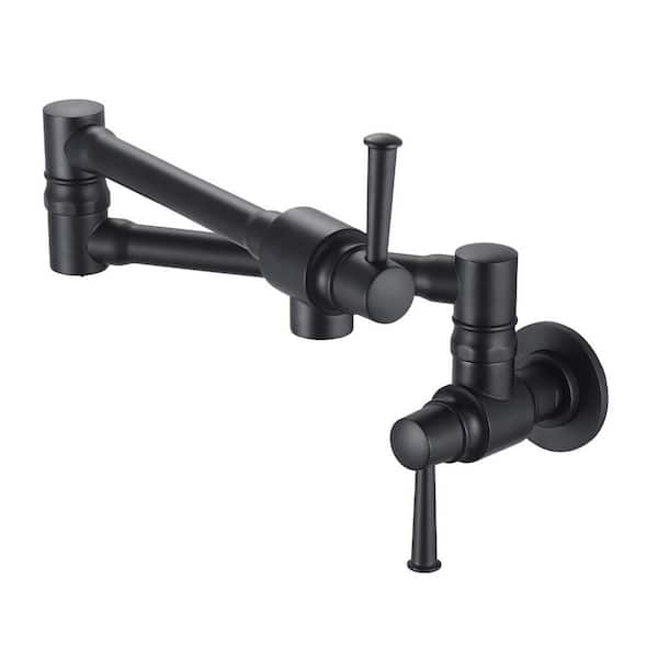 2-Handles Stainless Steel Wall Mounted Pot Filler Kitchen Sink Faucet Folding Stretchable in Matte Black