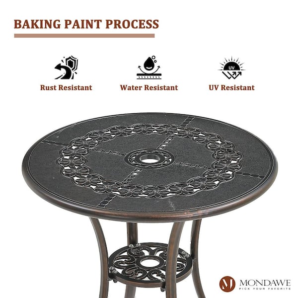 Round Antique Bronze Cast Aluminum Standard Height Outdoor Patio Bistro Table with Umbrella Hole
