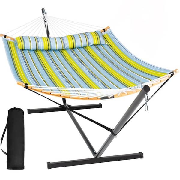 Double Portable Hammock with Stand,Curved Spreader Bar & Balance Ropes,Outdoor Relaxation (Yellow Blue)