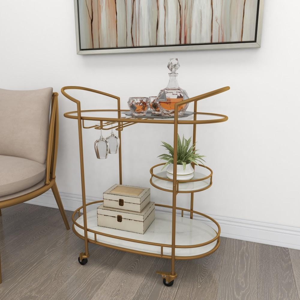 Elegant Gold Oval 3-Tier Marble and Glass Bar Cart with Wheels