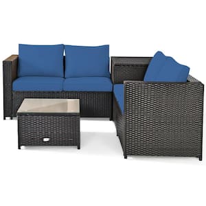 4-Piece Wicker All Weather PE Garden Outdoor Patio Conversation Sofa Set with Navy Blue Cushions, Storage Box
