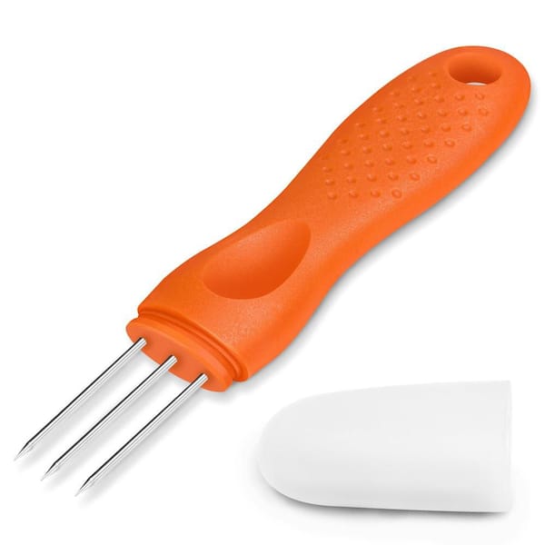 5.5 in. Stainless Steel Sausage Pricker Tool with 3-Prong and Ergonomic for Casings, BBQ and Smoking, Orange (1-Pack)
