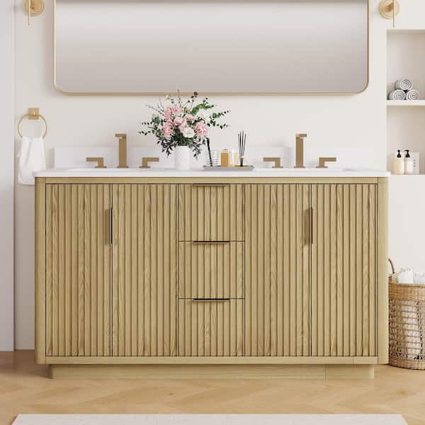 ANGELES HOME 60 in. W x 22 in. D x 35 in. H Freestanding Bath Vanity in Oak with White Quartz Top