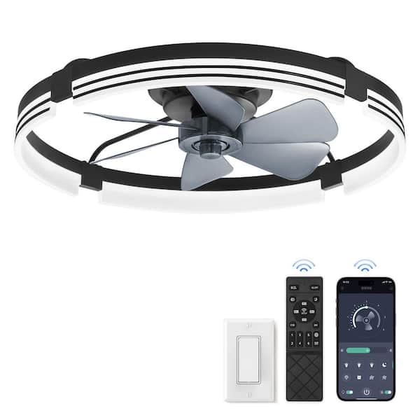 24 in. indoor Black Dimmable Fandelier LED Flush Mount Low Profile Ceiling Fan with Light and Remote Control for Bedroom