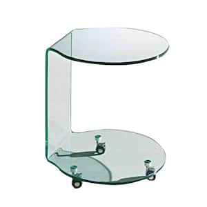 20 in. Clear Round Glass End Table with Cylindrical Design and Caster Wheels