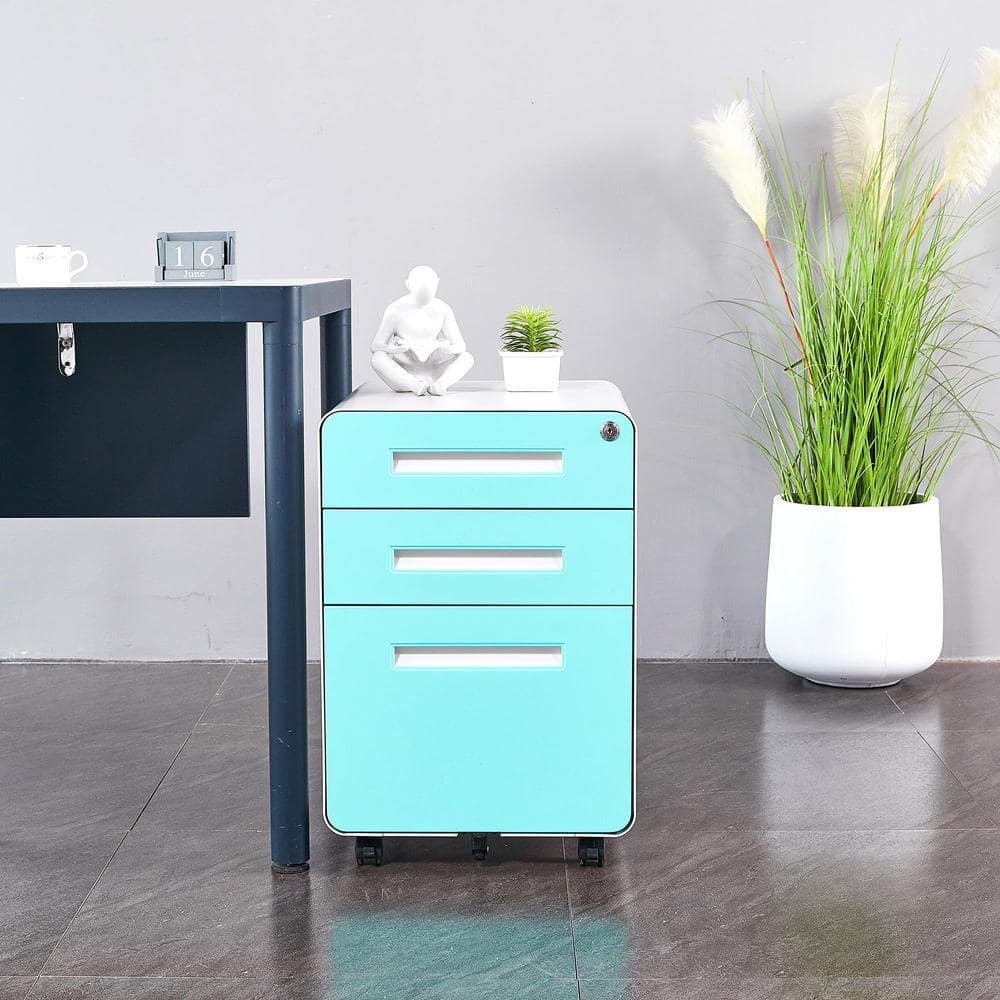 3-Drawer Light Blue Metal 15.8 in. W Lateral File Cabinet with lock-fully A