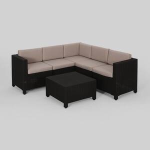 Waverly Dark Brown 6-Piece Faux Wicker Patio Sectional Seating Set with Beige Cushions