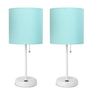 19.5 in. White Stick Lamp with USB Charging Port and Fabric Shade, Aqua (2-Pack Set)