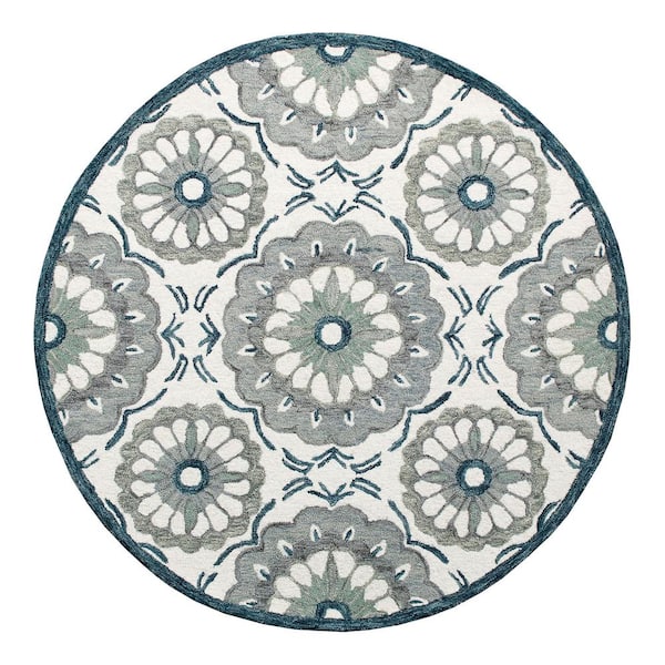 Unbranded Bella Ivory/Gray 4 ft. 10 in. x 4 ft. 10 in. Eclectic Hand-Tufted Floral 100% Wool Round Area Rug