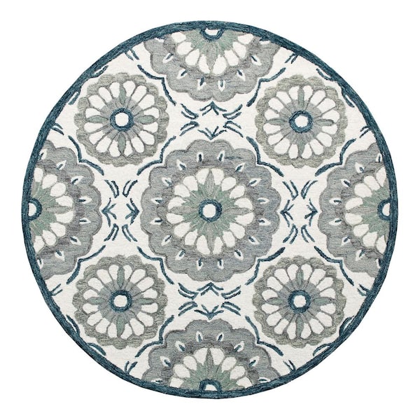 LR Home Bella Ivory/Gray 7 ft. 3 in. Round Eclectic Hand-Tufted Floral 100% Wool Round Area Rug