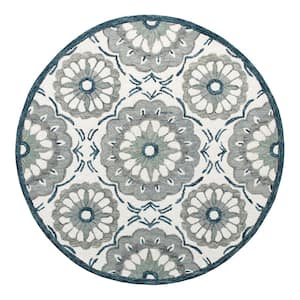 Bella Ivory/Gray 4 ft. 10 in. x 4 ft. 10 in. Eclectic Hand-Tufted Floral 100% Wool Round Area Rug