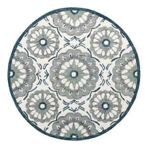 Bella Ivory/Gray 3 ft. Round Eclectic Hand-Tufted Floral 100% Wool Round Area Rug