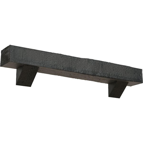 Ekena Millwork 8 in. x 12 in. x 6 ft. Rough Sawn Faux Wood Fireplace Mantel Kit, Breckinridge Corbels, Aged Ash
