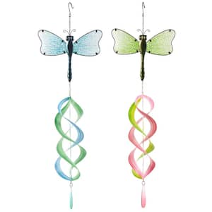 32 in. Extra Large Multi Colored Metal Dragonfly Swirl Wind Spinner Windchime with Dangling Charms (2-Pack)