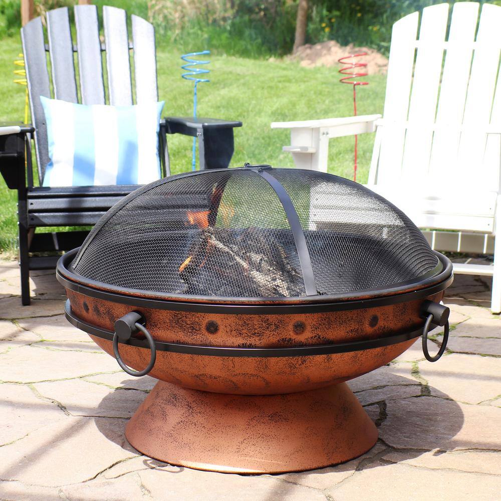 Copper Finish 30-Inch Round Wood-Burning Fire Pit with Handles