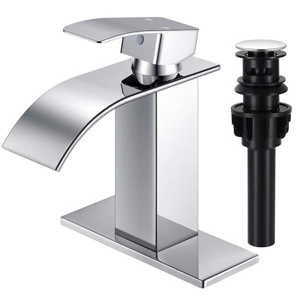 Waterfall Spout Single Handle Single Hole Bathroom Faucet with Deckplate and Pop-up Drain in Polished Chrome