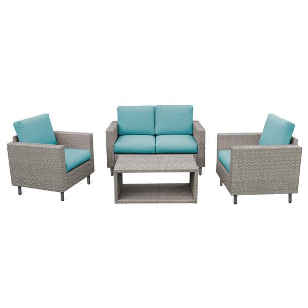 Leisure Made Tybee 4-Piece Wicker Patio Conversation Set with Spa Blue Cushions