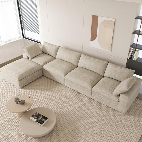 J&E Home 160.6 in. W Velvet Square Arm 5-piece L Shaped Oversized Modular Sectional Sofa in Light Brown with Storage ottoman