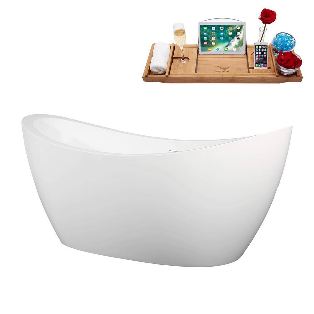67" Matte White Acrylic Freestanding Slipper Tub with Polished Brass Trim