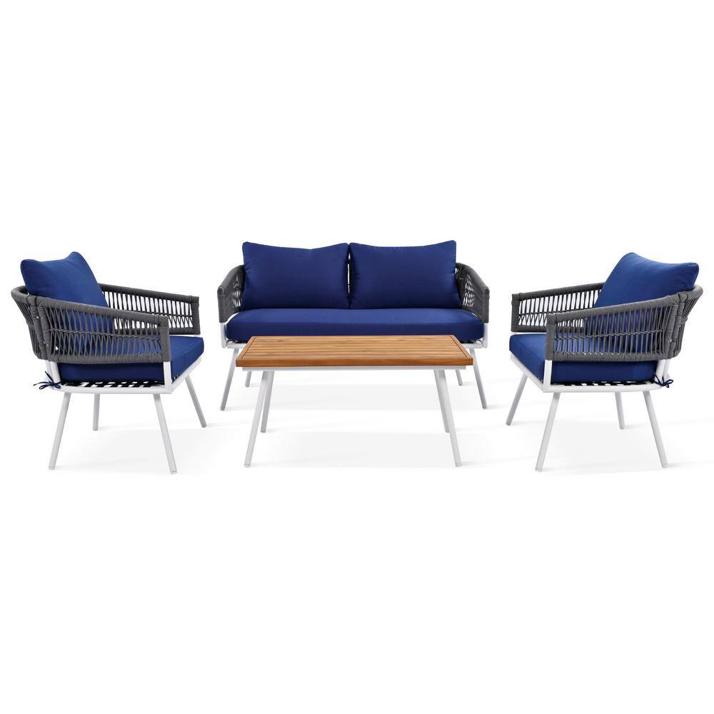 4-Piece Metal Patio Conversation Set with Navy Blue Cushions