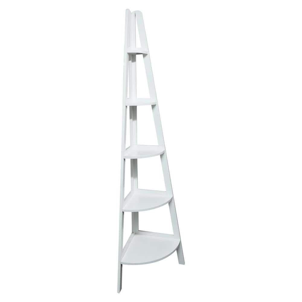 Elegant White Solid Pine 5-Shelf Corner Ladder Bookcase