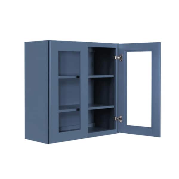 Lancaster Blue Plywood Shaker Stock Assembled Wall Glass-Door Kitchen Cabinet 30 in. W x 12 in. D x 30 in. H
