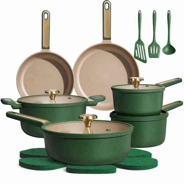 18-Piece Aluminum Cookware Set with Lids, Pots and Pan Set, Non Stick, Non Toxic, PFAS and PTFE Free, Dishwasher, Green
