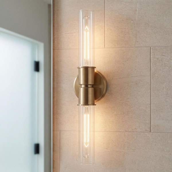 Aviv 2-Light Champagne Bronze Bathroom Indoor Wall Sconce Light with Clear Glass Shade