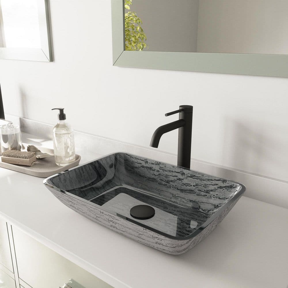 VIGO Glass Rectangular Vessel Bathroom Sink in Titanium Gray with
