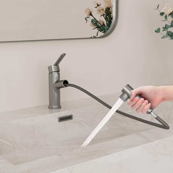 1-Handle Pull Down Single Hole Bathroom Sink Faucet with Pop-Up Drain and 2-Function in Brushed Nickel