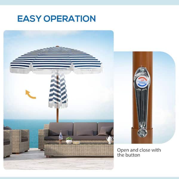 7 foot patio umbrellas sale Otryad 7 ft. x 7 ft. Outdoor Patio Umbrella with Tilt, Vent, Market Table  Umbrella Parasol with Fringed Ruffles in Blue Strip QS-YQ566