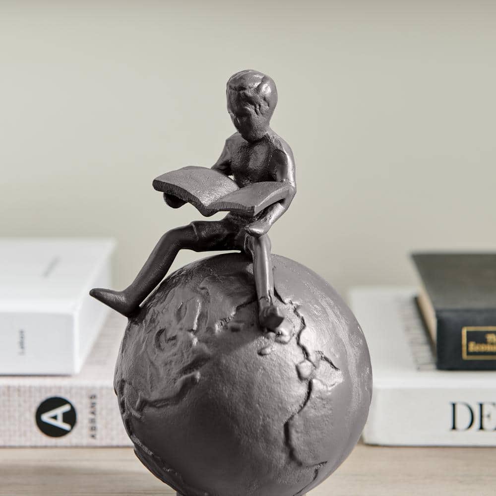 Bronze Cast Iron Boy Reading on Globe Tabletop Sculpture