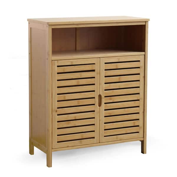 VEIKOUS 25.8 in. W x 12.2 in. D x 32 in. H Yellow Bamboo Freestanding Linen Cabinet Medicine with Two Doors