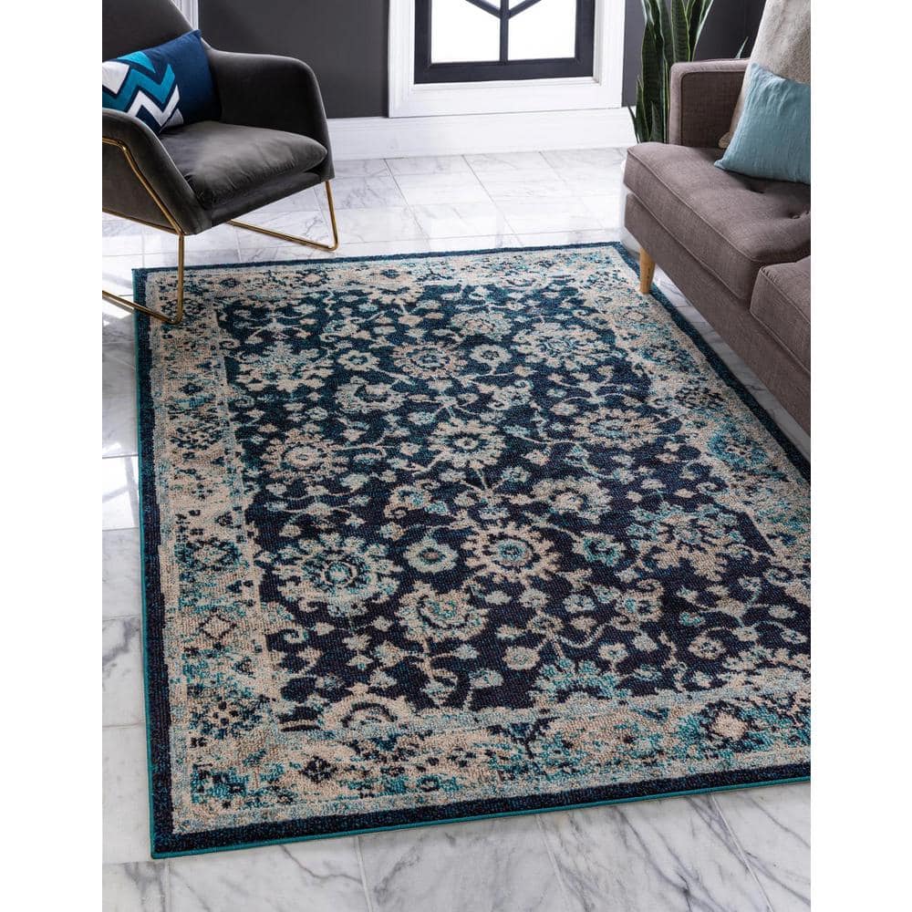 Navy Blue and Beige Floral Synthetic 10' x 14' Area Rug