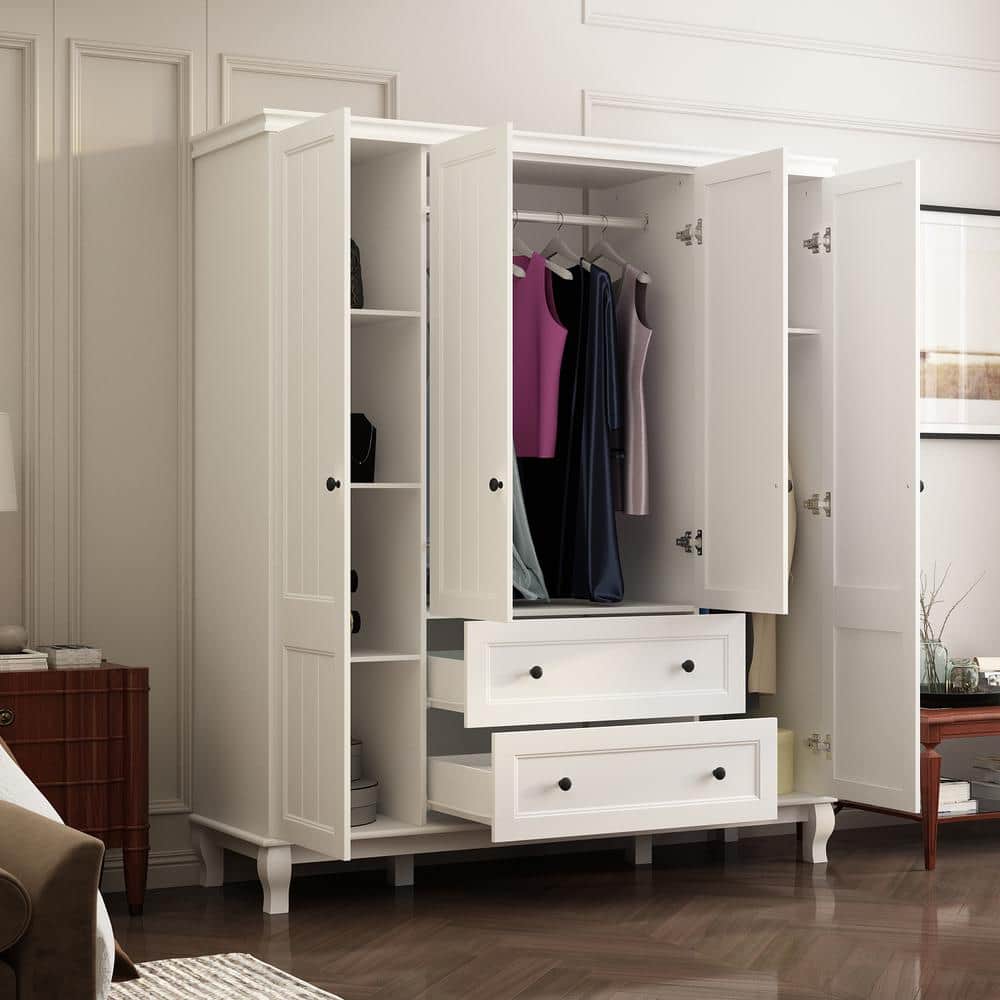 White Wood 63 in. W 4-Door Big Armoires Wardrobe with Hanging Rod, 2-Drawers, Storage Shelves(18.9 in. D x 71.3 in. H) - thumbnail 6