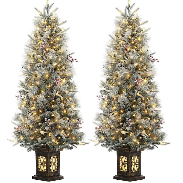 4.5 ft. Pre-Lit Artificial Christmas Tree 200 LED Lights, Snow Flocked, Berries, Antique Urn Base, Holiday Decor 2-Piece