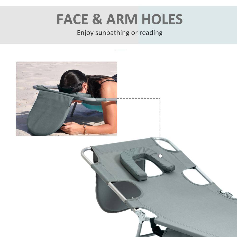 Gray Folding Outdoor Chaise Lounge with Pillow and Arm Slots