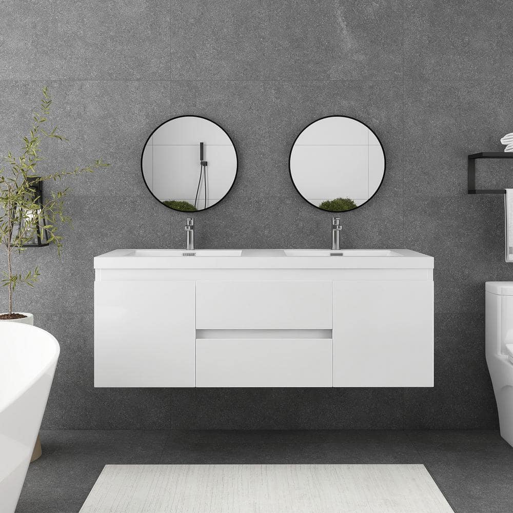 60 in. W x 20 in. D x 23 in. H Double Sinks Wall Mounted Bath Vanity in Whi
