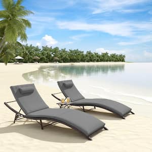 3-Piece Wicker Outdoor Adjustable Chaise Lounge with Cushion Grey