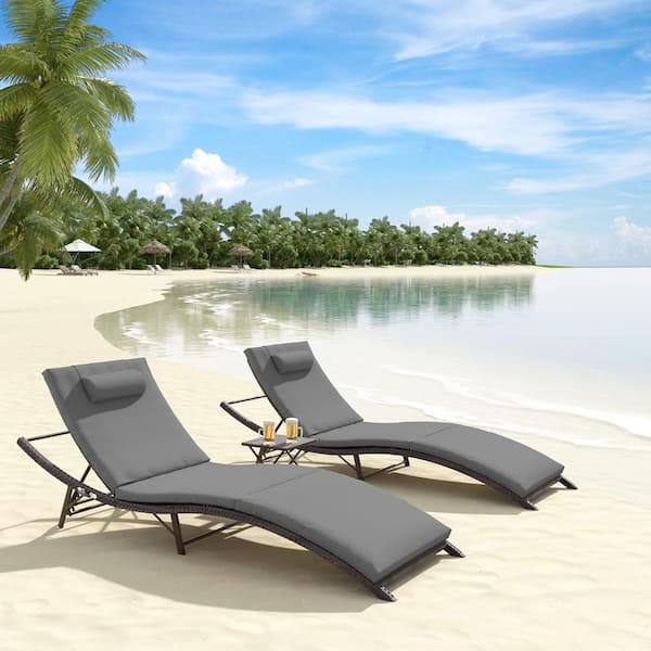 3-Piece Wicker Outdoor Adjustable Chaise Lounge with Cushion Grey