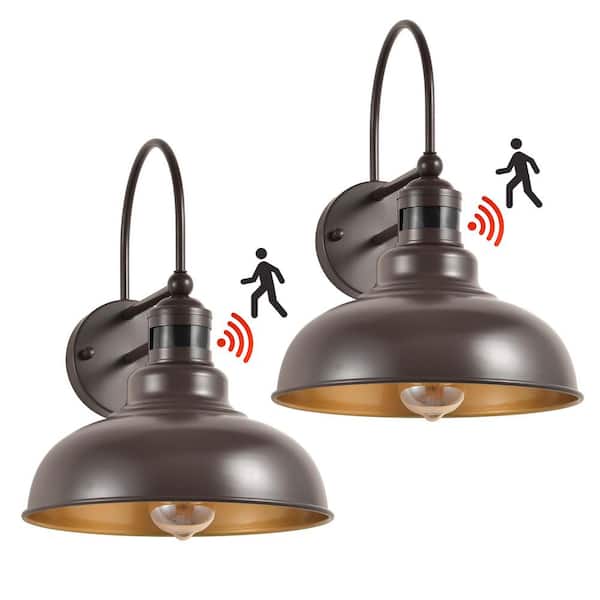 Chocolate and Gold Motion Sensing Dusk to Dawn Farmhouse Outdoor Barn Light Wall Sconce (Set of 2)